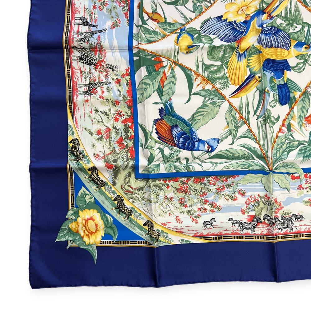 Hermes Paris Tropiques 90 Silk Carre Scarf Blue Tropical Bird 35 Square France - Picture 13 of 16